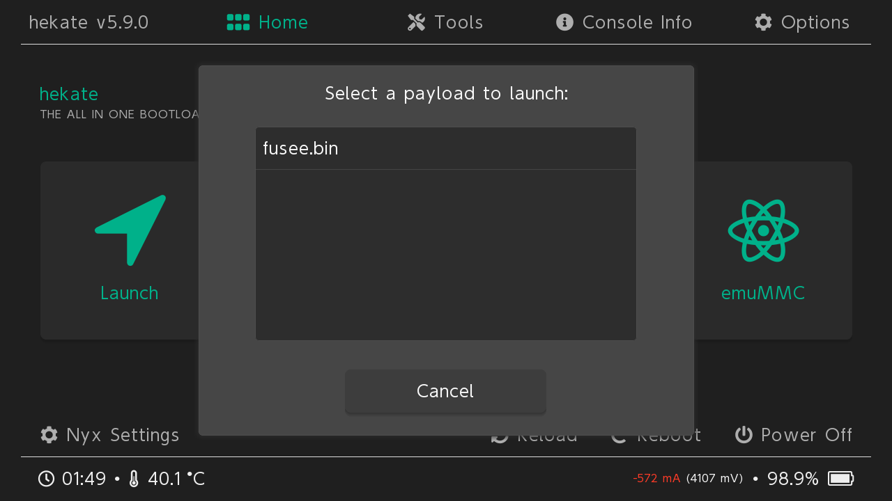 hekate, sélection du payload fusee.bin