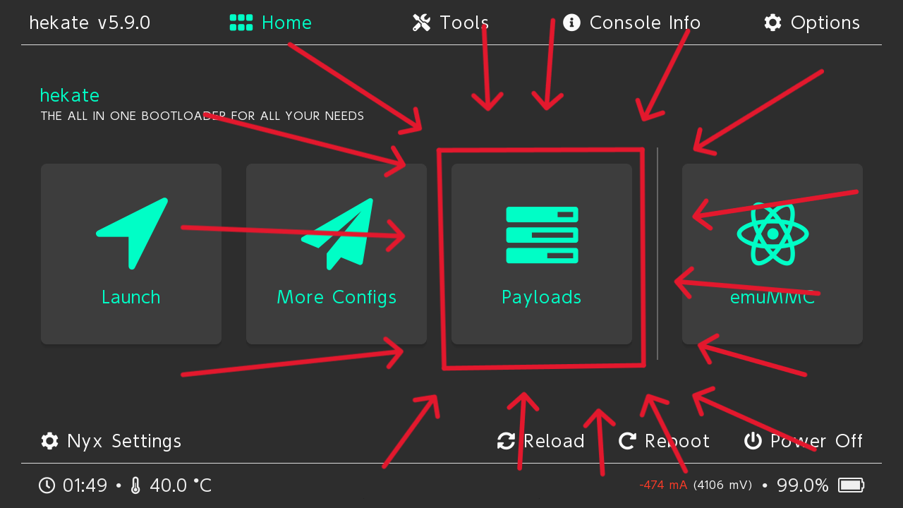 hekate, bouton Payloads mis en évidence