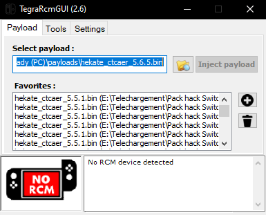 TegraRcmGUI affichant « No RCM device detected »