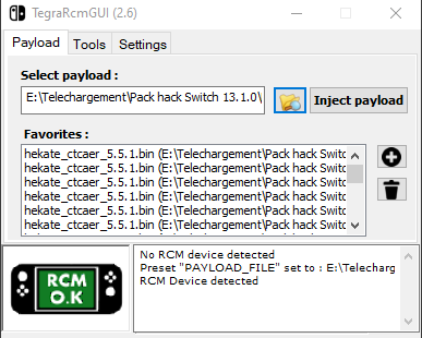 TegraRcmGUI affichant « RCM Device detected »
